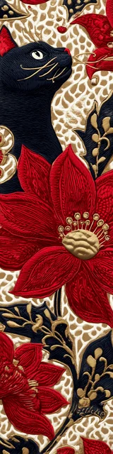 Cat bookmarks featuring a velvety black cat with red flowers